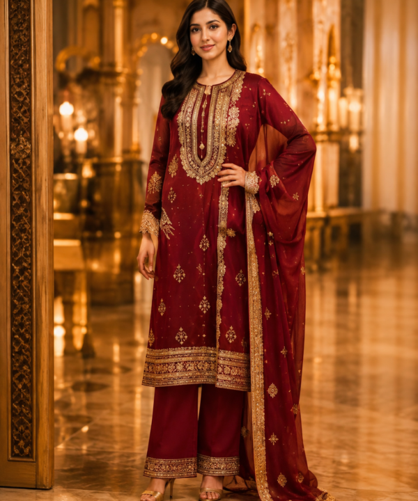 Women’s Embellished Three-Piece Ethnic Set – MAROON