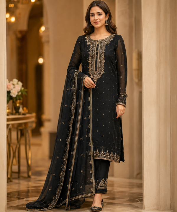 Women’s Embroidered Three-Piece Formal Set – JET BLACK
