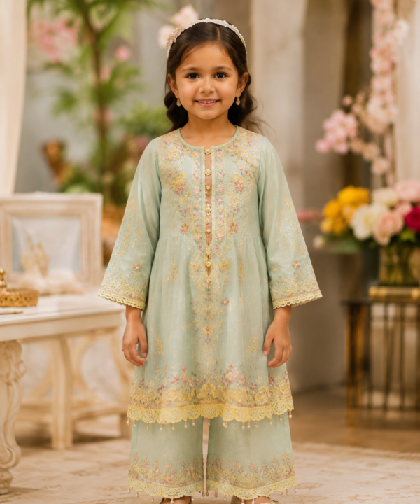 Girls’ Embroidered Two-Piece Ethnic Set – MINT GREEN